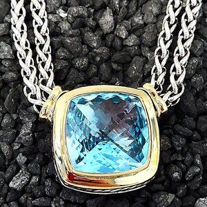 David Yurman 2 Row Wheat, Blue Topaz Neckalce .925 & 18kt  17"
